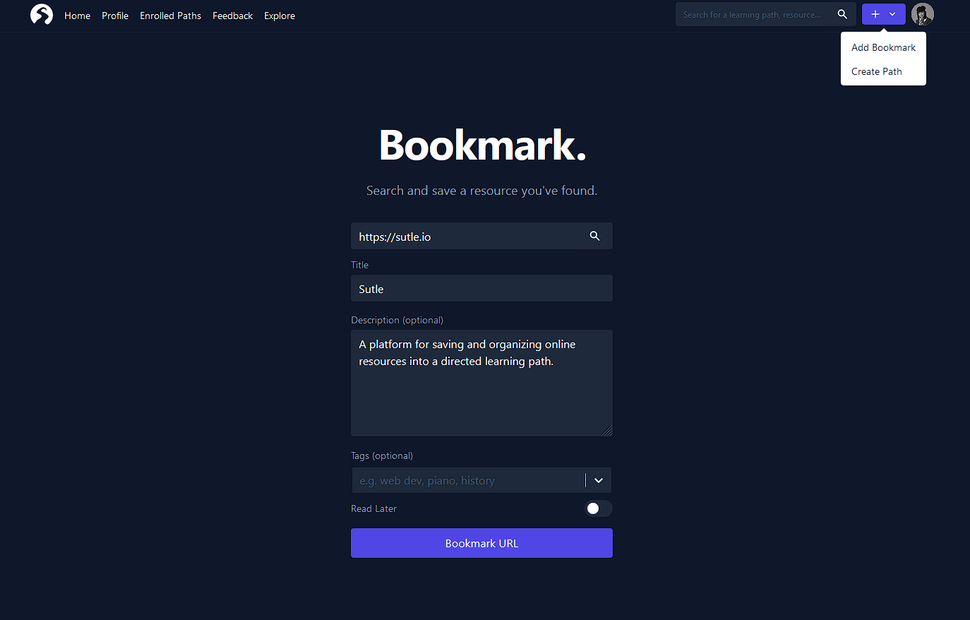 Sutle Beta create bookmark page
