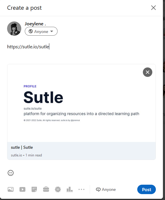 LinkedIn create post with a pasted link of sutle.io/sutle and has a card preview containing the name of the user which is 'sutle', and some description about the user.