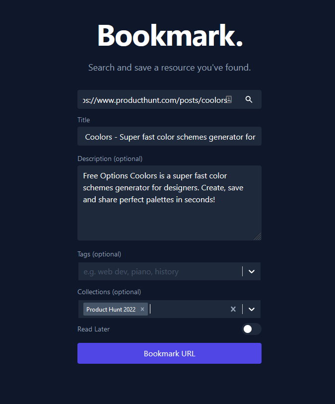 Create bookmark page where it now has an optional select field labeled as 'collections'.