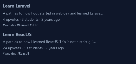 A learning path entitled 'Learn Laravel' with 4 upvotes and 3 students, and a learning path entitled 'Learn ReactJS' with 24 upvotes and 19 students.